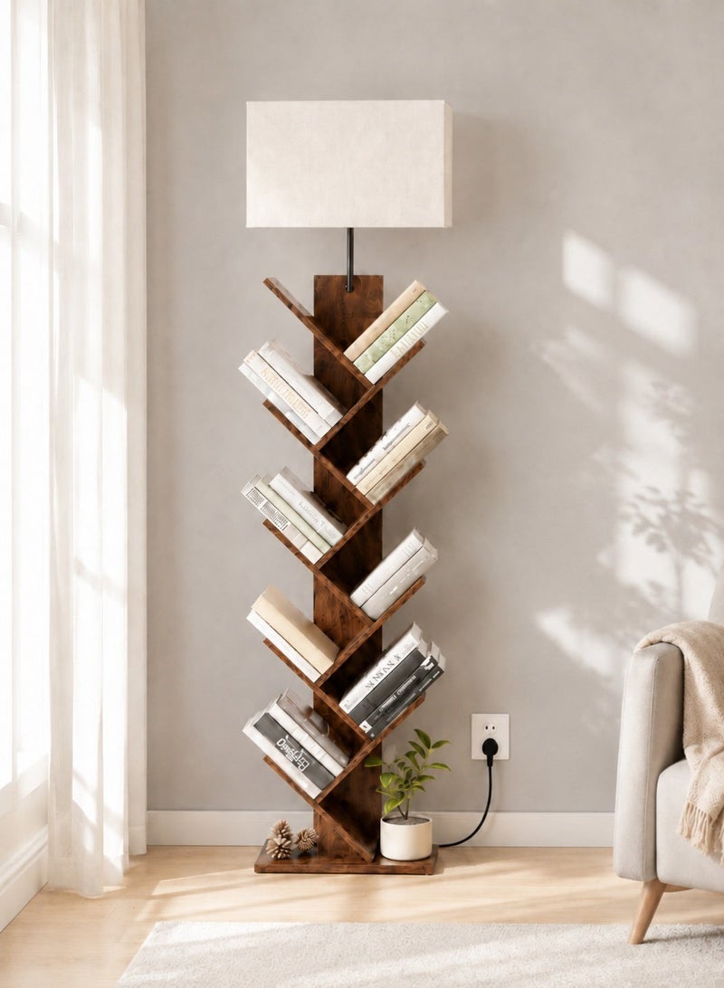 OUTON 9-Tier Tree Bookshelf with Built-in LED Floor Lamp, Solid Wood Open Display Bookcase, 3 Color Dimmable Standing Light with Remote, Decorative Display Shelf for Living Room Bedroom Majlis Home Decor - Image 1
