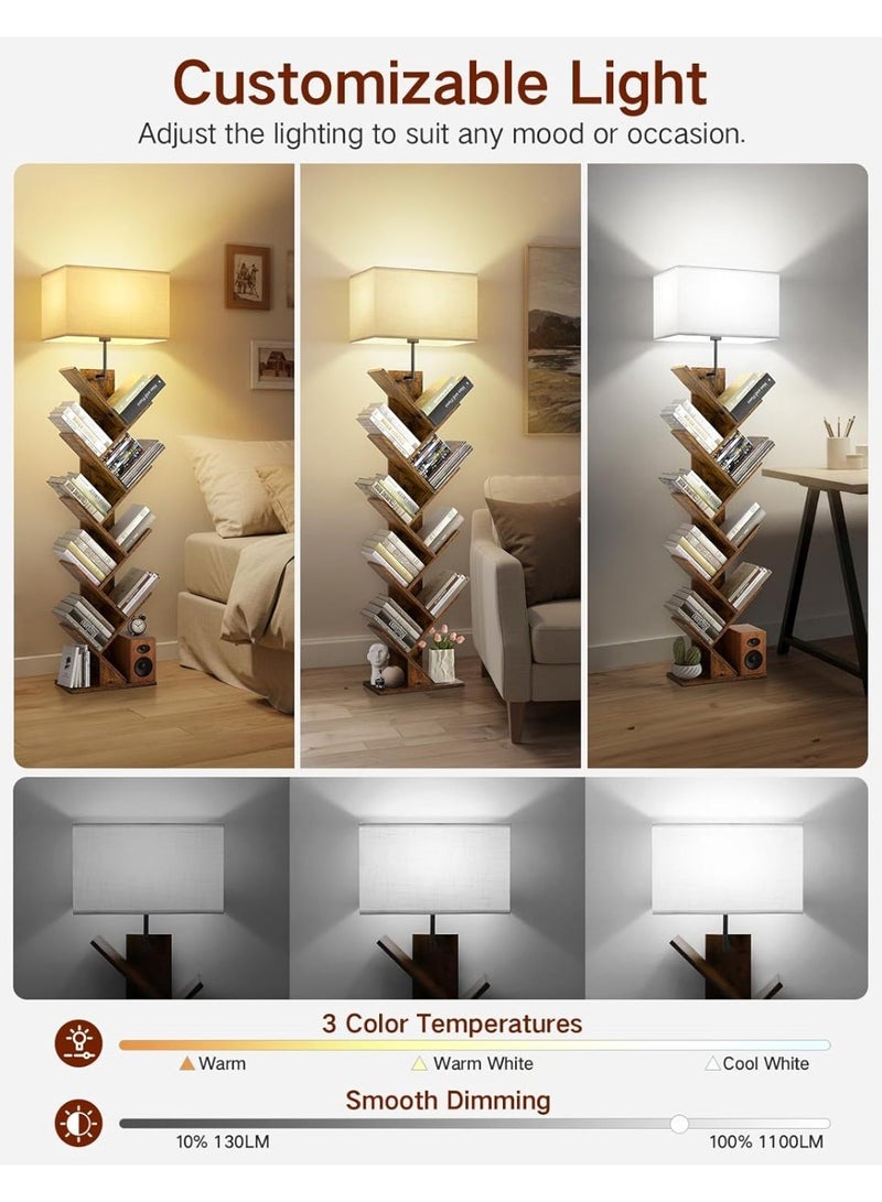 OUTON 9-Tier Tree Bookshelf with Built-in LED Floor Lamp, Solid Wood Open Display Bookcase, 3 Color Dimmable Standing Light with Remote, Decorative Display Shelf for Living Room Bedroom Majlis Home Decor - Image 2