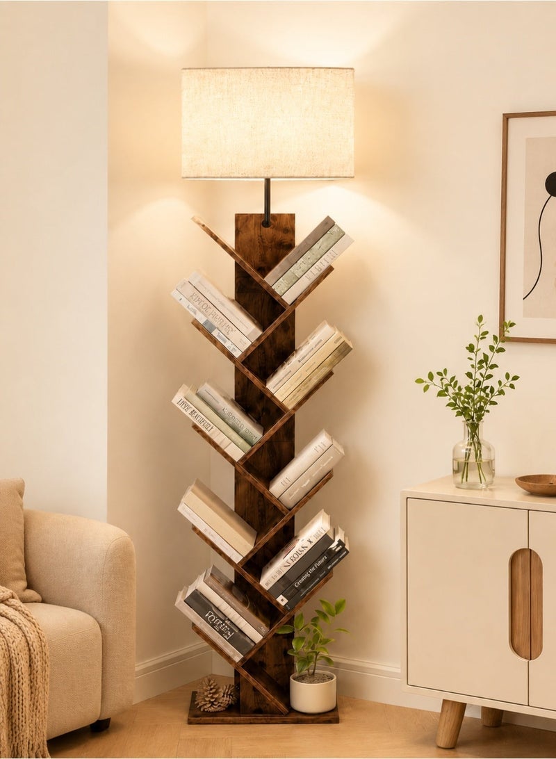 OUTON 9-Tier Tree Bookshelf with Built-in LED Floor Lamp, Solid Wood Open Display Bookcase, 3 Color Dimmable Standing Light with Remote, Decorative Display Shelf for Living Room Bedroom Majlis Home Decor - Image 4