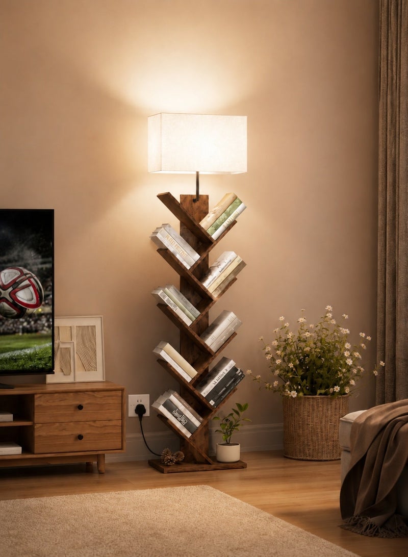 OUTON 9-Tier Tree Bookshelf with Built-in LED Floor Lamp, Solid Wood Open Display Bookcase, 3 Color Dimmable Standing Light with Remote, Decorative Display Shelf for Living Room Bedroom Majlis Home Decor - Image 3