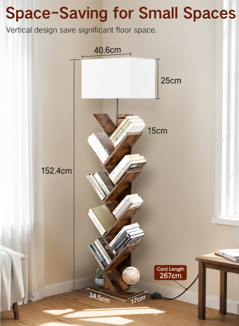 OUTON 9-Tier Tree Bookshelf with Built-in LED Floor Lamp, Solid Wood Open Display Bookcase, 3 Color Dimmable Standing Light with Remote, Decorative Display Shelf for Living Room Bedroom Majlis Home Decor - Image 5