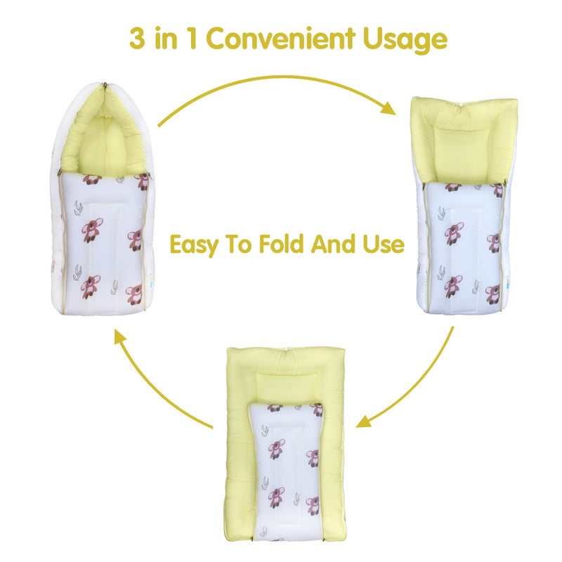 1ST STEP Muslin Cotton 3 in 1 Baby Bed, Sleeping Bag & Carry Nest, Cotton Baby Bedding for New Born & Infant, Portable Bassinet, for Baby Carrying & Sleeping, Unisex Baby Sleeping Bed (YLBEAR) - Image 4