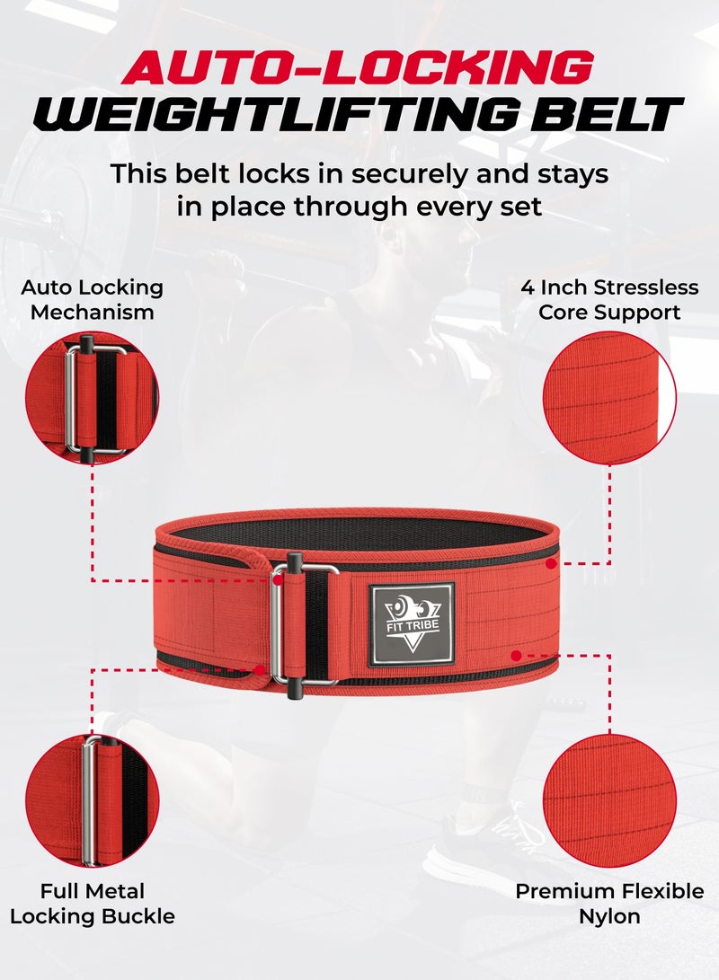 FIT TRIBE Weight Lifting Belt, Self-Locking Adjustable Gym Belt, Powerlifting & Strength Training Lumbar Support, Durable Nylon Belt for Men & Women Fitness Workouts (Red) - Image 4
