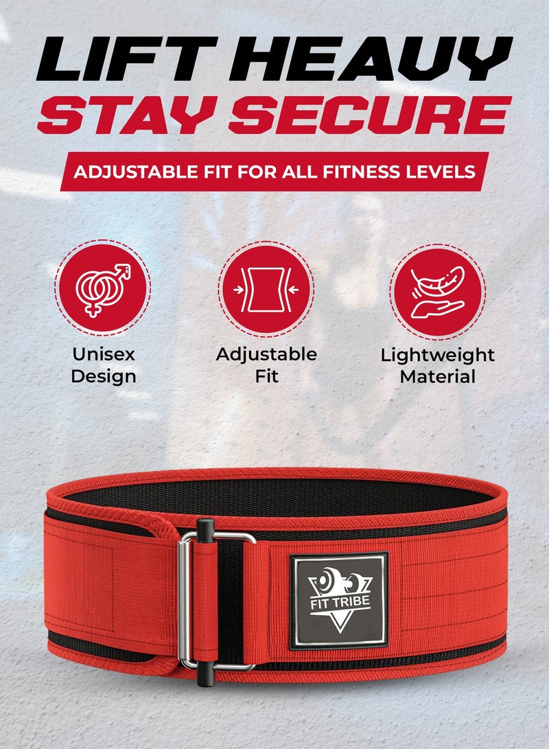 FIT TRIBE Weight Lifting Belt, Self-Locking Adjustable Gym Belt, Powerlifting & Strength Training Lumbar Support, Durable Nylon Belt for Men & Women Fitness Workouts (Red) - Image 2