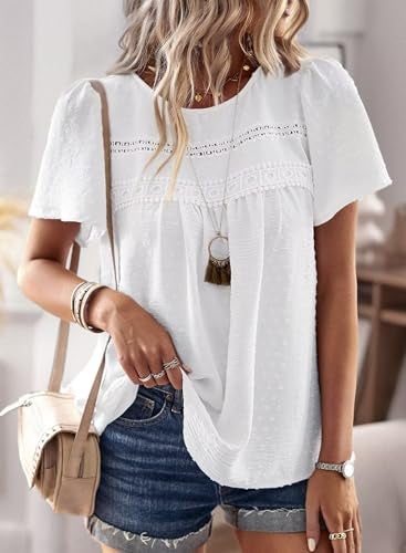 Falechay Plus Size Tops for Women Keyhole Button with Elastic Loop Dressy Casual Crewneck Flowy Blouses Summer Boho Shirts White 2XL - Image 2