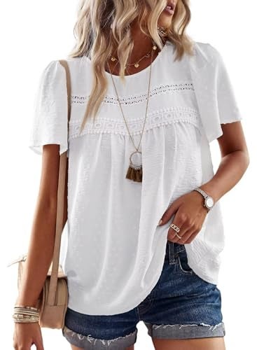 Falechay Plus Size Tops for Women Keyhole Button with Elastic Loop Dressy Casual Crewneck Flowy Blouses Summer Boho Shirts White 2XL - Image 1