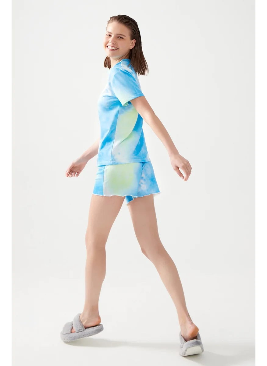 Los Ojos Women's Blue Green Batik Patterned Pajama Set Pj