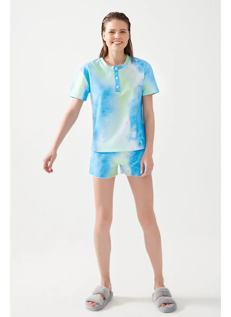 Los Ojos Women's Blue Green Batik Patterned Pajama Set Pj