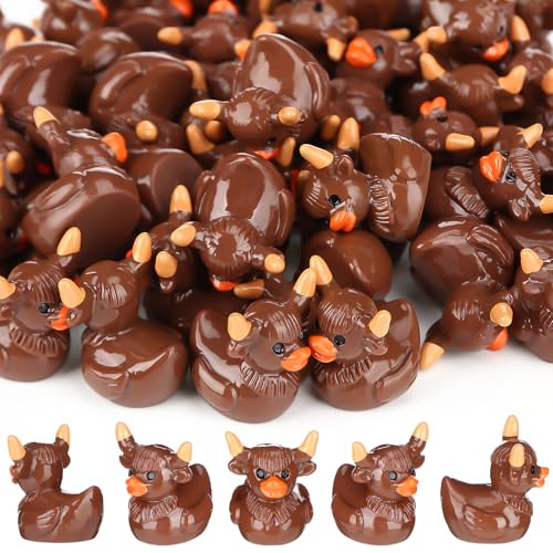 Geelin 50 Pcs Mini Highland Cow Resin Ducks Bulk Cute Highland Cow Print Duck Decorations for Micro Landscape Office Garden Desk Party Tabletop Decor - Image 1