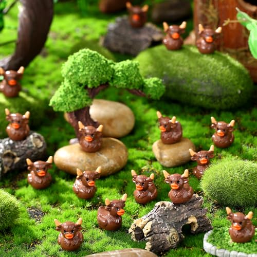 Geelin 50 Pcs Mini Highland Cow Resin Ducks Bulk Cute Highland Cow Print Duck Decorations for Micro Landscape Office Garden Desk Party Tabletop Decor - Image 3