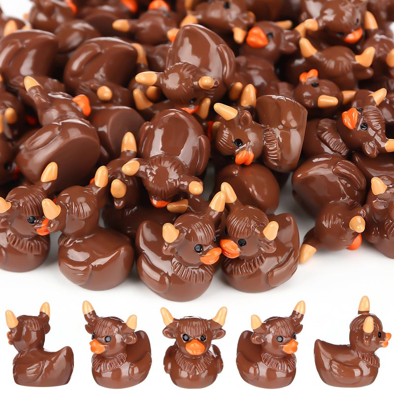 Geelin 50 Pcs Mini Highland Cow Resin Ducks Bulk Cute Highland Cow Print Duck Decorations for Micro Landscape Office Garden Desk Party Tabletop Decor - Image 2