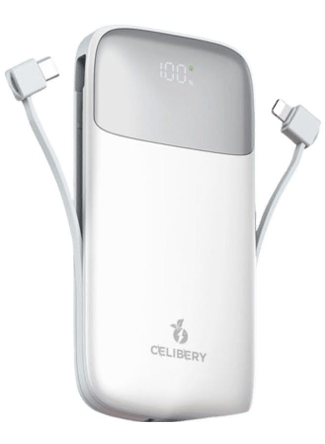 CELIBERY 10000 mAh  Power Bank, 22.5W Max Fast Portable Charger with Built-In USB-C and Lightning Cables iPhone 15/14 Series, MacBook, Galaxy and More, White - Image 1