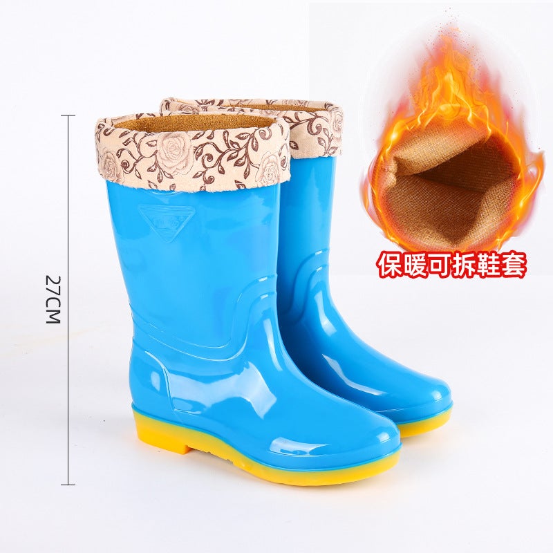2024 Mid-Calf Warm Cotton Rain Boots for Women Fashionable Winter WaterproofB02 medium tube sky blue (plus Velvet) B02 medium tube sky blue (plus Velvet) 