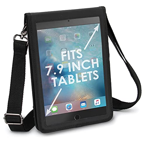 USA GEAR Tablet Holder Case Compatible with iPad mini 7 - Travel Bag Carry Cover with Open Front Design & Adjustable Shoulder Carrying Strap fits iPad mini Tablets (Black) for 7.9" Tablets - Image 1