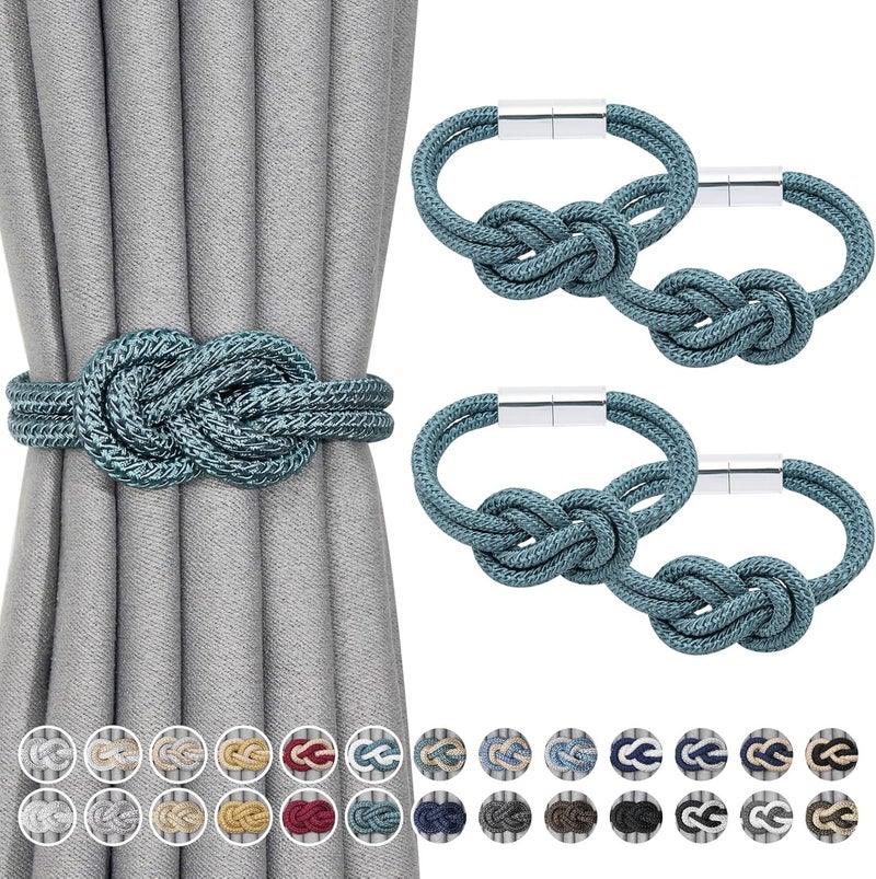 NICEEC 4 Pack Mini Magnetic Curtain Tiebacks Nordic Simple Style Drape Tie Backs Elegant Hand Weave Rope Knot Decorative Curtain Holdbacks for Home & Office Thin Window Drapery (Teal) - Image 1