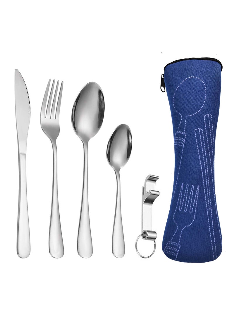5 Pcs Stainless Steel Portable Cutlery Set with Case, Flatware, Spoon, Fork, Knife, Teaspoon, and Bottle Opener, Dishwasher Safe, for Travel, School, Office  - Image 1