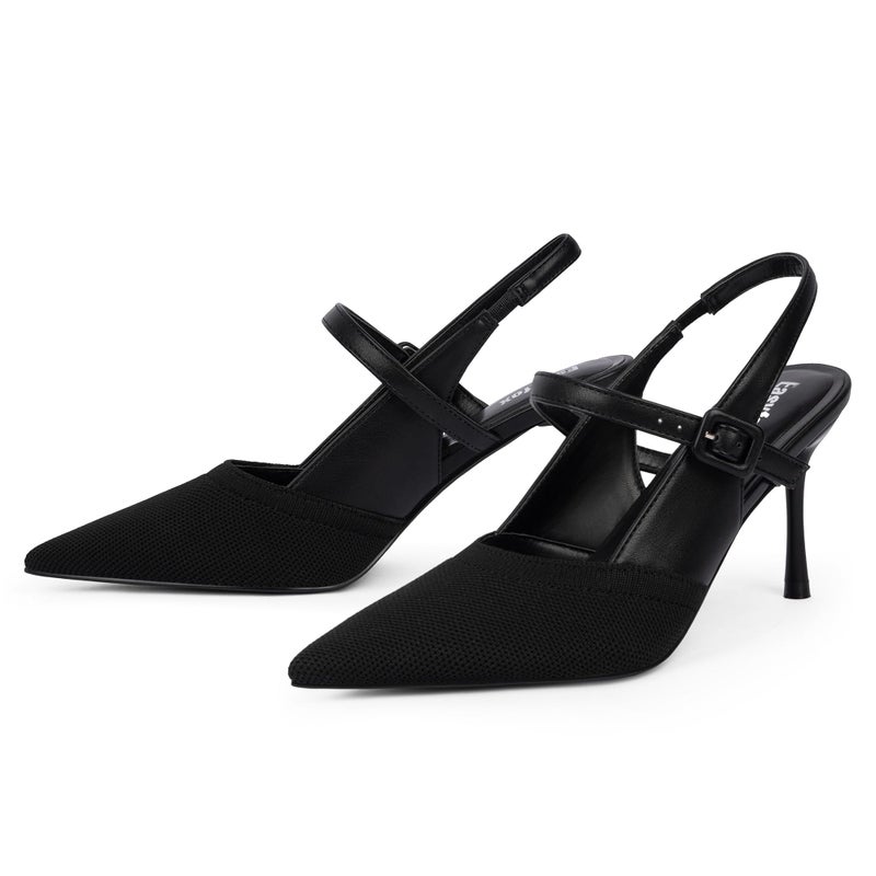 Easyfox Black Closed Toe Heels for Women Stiletto Heel Knit Slingback Heels Pointed Toe Black Womens Pumps Dress Wedding High Heel Shoes Size 7.5 - Image 5