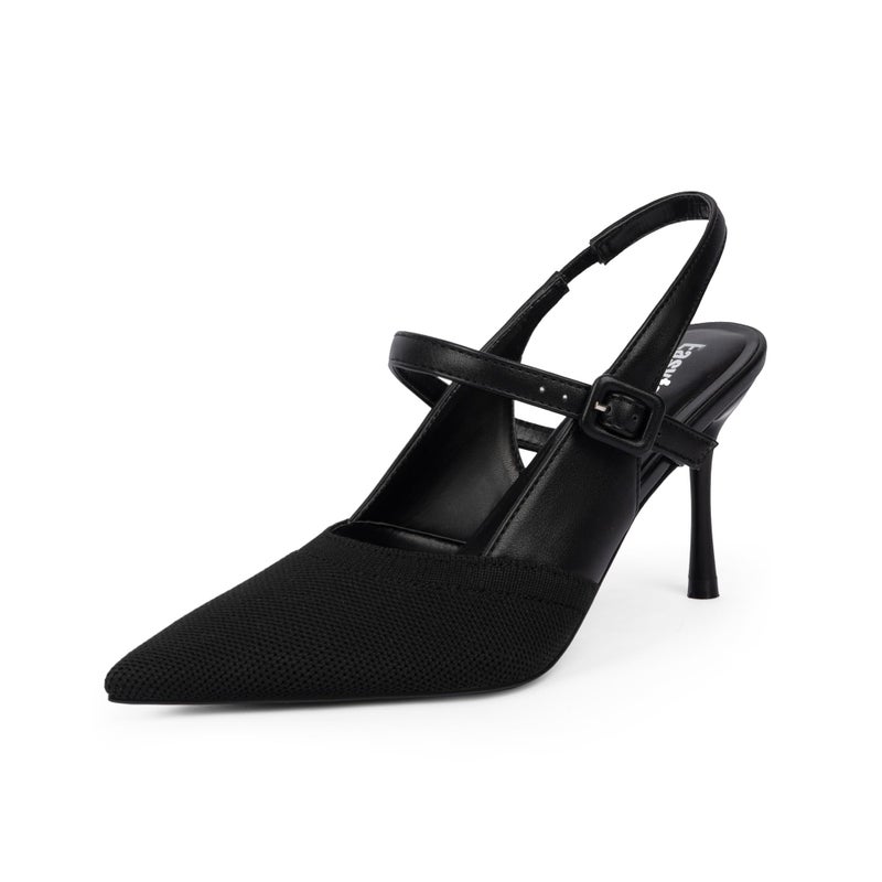 Easyfox Black Closed Toe Heels for Women Stiletto Heel Knit Slingback Heels Pointed Toe Black Womens Pumps Dress Wedding High Heel Shoes Size 7.5 - Image 1