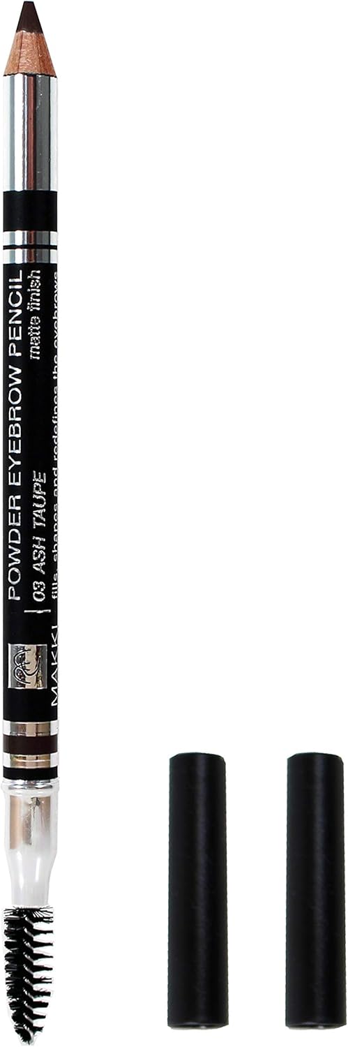Ash Taupe Makki Powder Eyebrow Pencil Powdery Matte Finish for professional powder look buildable eye brow filler definer shape and fill with spoolie brush Ash Ashy colours