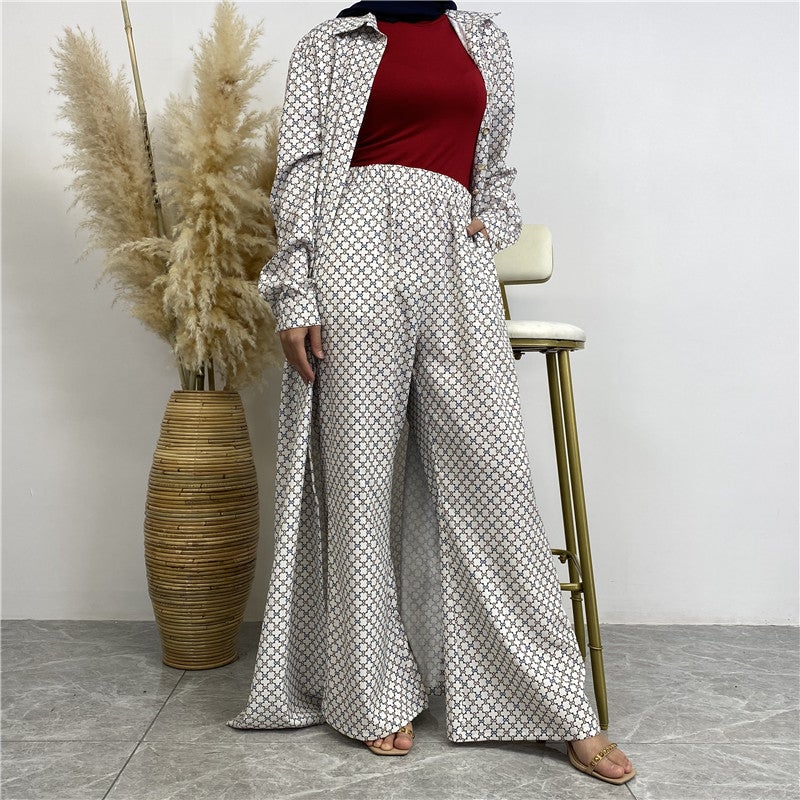 monica fashion Fashionable Printed Full-Button Long Cardigan with Casual Pocket Pants - 2-Piece Set - Image 1