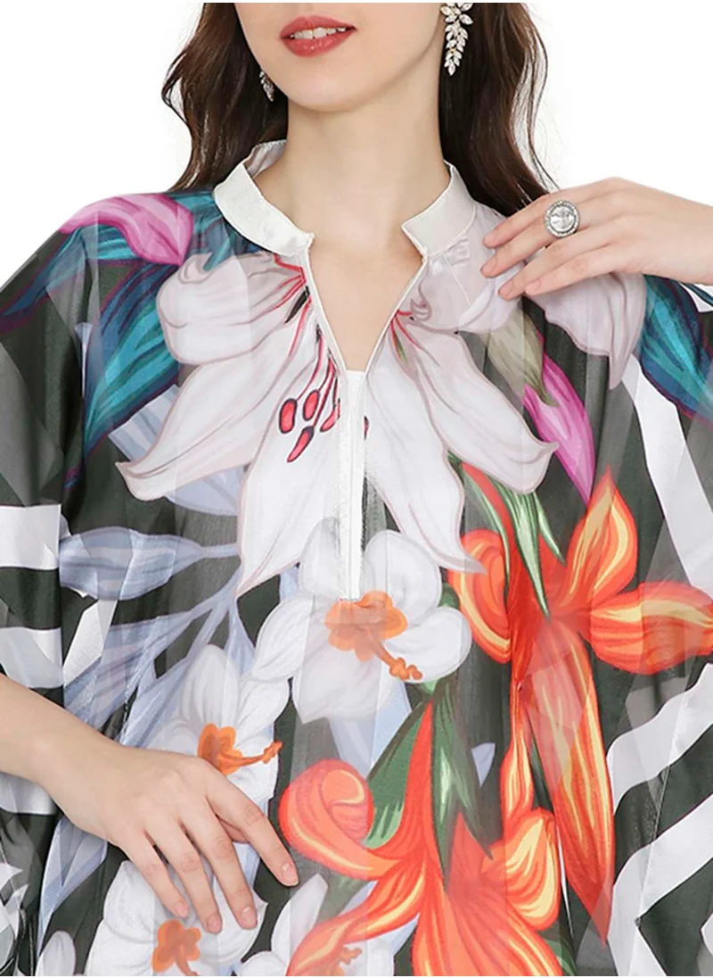 HANA & SARA ELEGANT SATIN SILK STRIPE FLORAL PRINTED FARASHA KAFTAN JALABIYA WITH HIGH NECK COLLAR