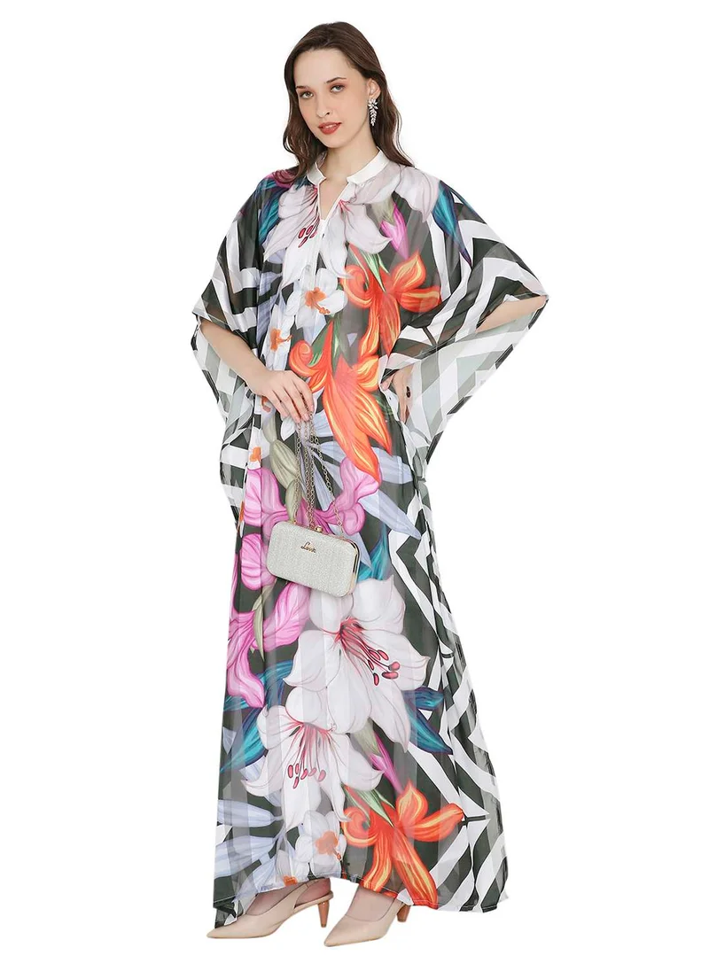 HANA & SARA ELEGANT SATIN SILK STRIPE FLORAL PRINTED FARASHA KAFTAN JALABIYA WITH HIGH NECK COLLAR