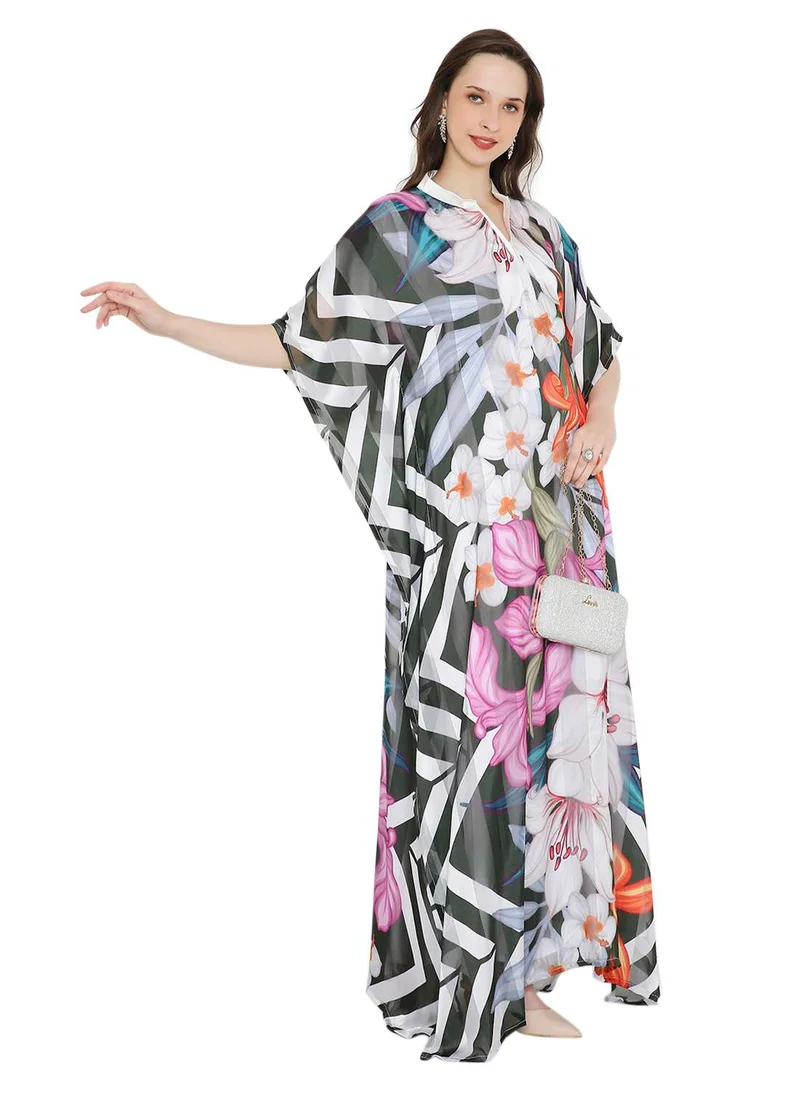 HANA & SARA ELEGANT SATIN SILK STRIPE FLORAL PRINTED FARASHA KAFTAN JALABIYA WITH HIGH NECK COLLAR