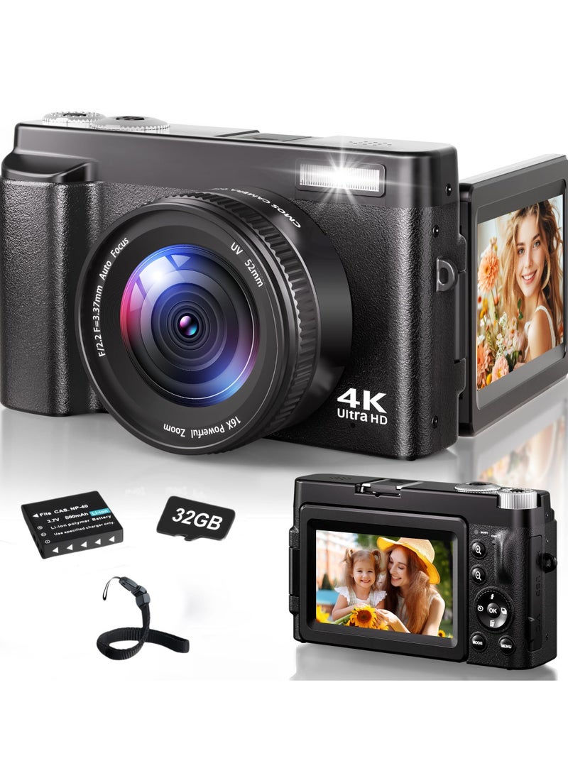 Lecran 4K Digital Camera for Photography, 32GB TF Card, 48MP Autofocus Vlogging Camera for YouTube with 3'' 180°Flip Screen, 16X Digital Zoom Anti-Shake Compact Travel Camera  - Image 1