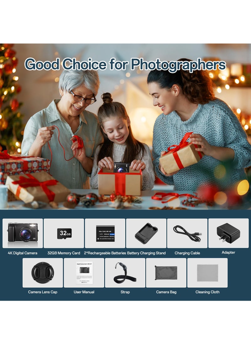 null - كاميرا رقمية 4K للتصوير الفوتوغرافي، بطاقة TF سعة 32 جيجابايت، كاميرا فيديو 48 ميجابكسل بتركيز تلقائي لليوتيوب مع شاشة 3 بوصة 180 درجة، تكبير رقمي 16X، كاميرا سفر صغيرة مضادة للاهتزاز - Image 1