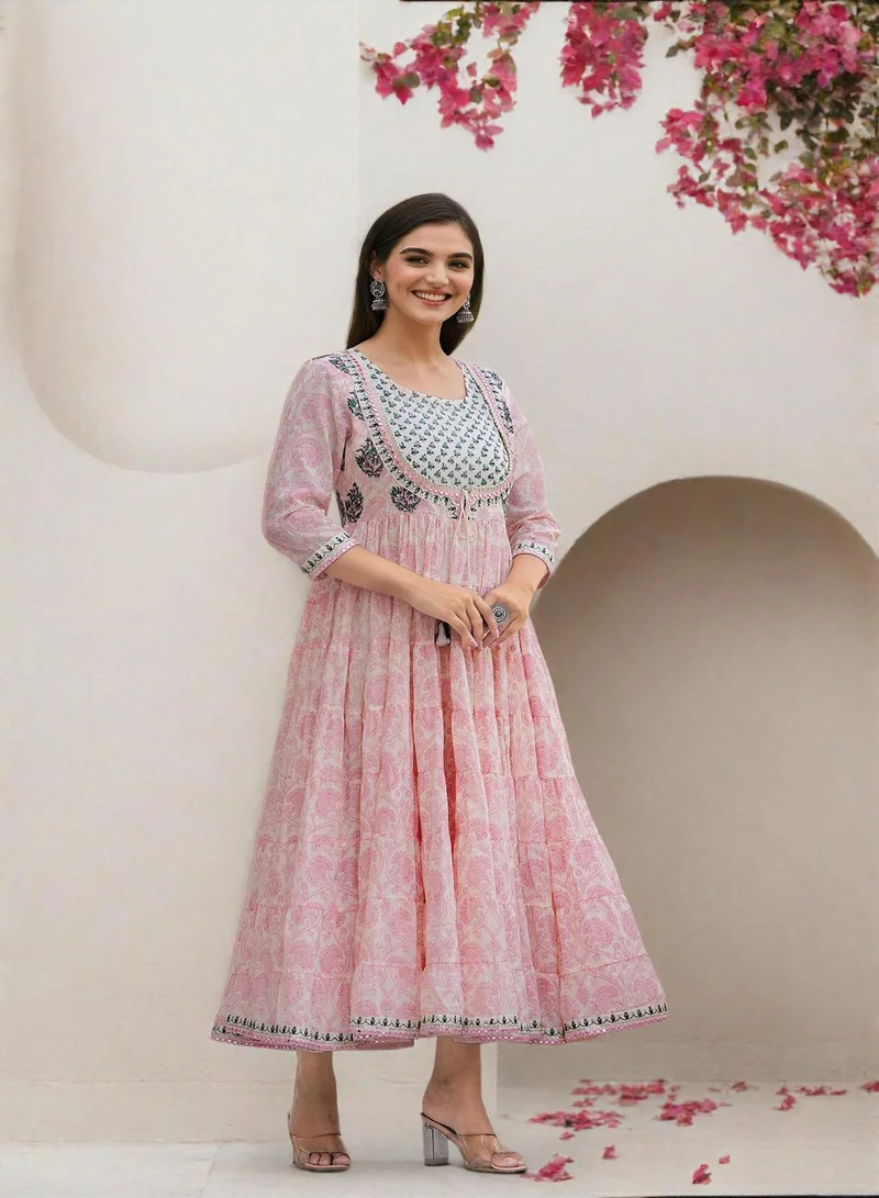 ISHIN Women's Off White 100% Cotton Embellished Midi Smock Straight Fit Dress