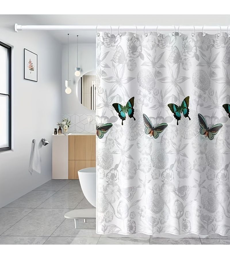 1pc Thickened Polyester Shower Curtain Butterfly Pattern Machine Washable Iron On Bathroom Door Curtain No Hole Hanging Curtain For Wet Dry Separation Quick Drying Warm Blackout Home Decor Suitable For All Seasons And Holidays 150 Width 78 74 Inch - Image 2