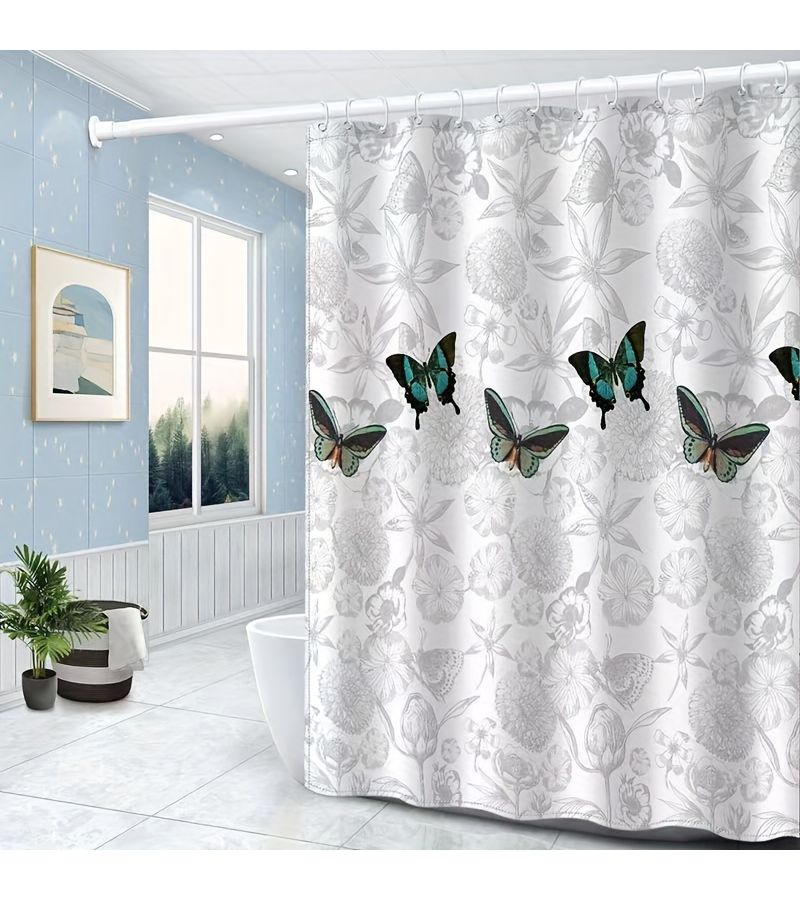 1pc Thickened Polyester Shower Curtain Butterfly Pattern Machine Washable Iron On Bathroom Door Curtain No Hole Hanging Curtain For Wet Dry Separation Quick Drying Warm Blackout Home Decor Suitable For All Seasons And Holidays 150 Width 78 74 Inch - Image 1