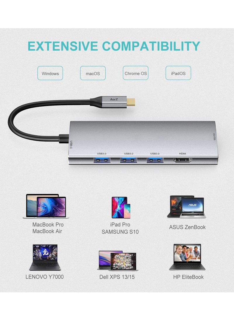 Y&D - USB Hub to HDMI Multiport AorZ C Dongle Adapter 7 in 1 with 4K Output 3 3.0 Ports Micro SD Card Reader 100W PD Compatible MacBook Pro Air HP XPS and More Type Device - Image 1