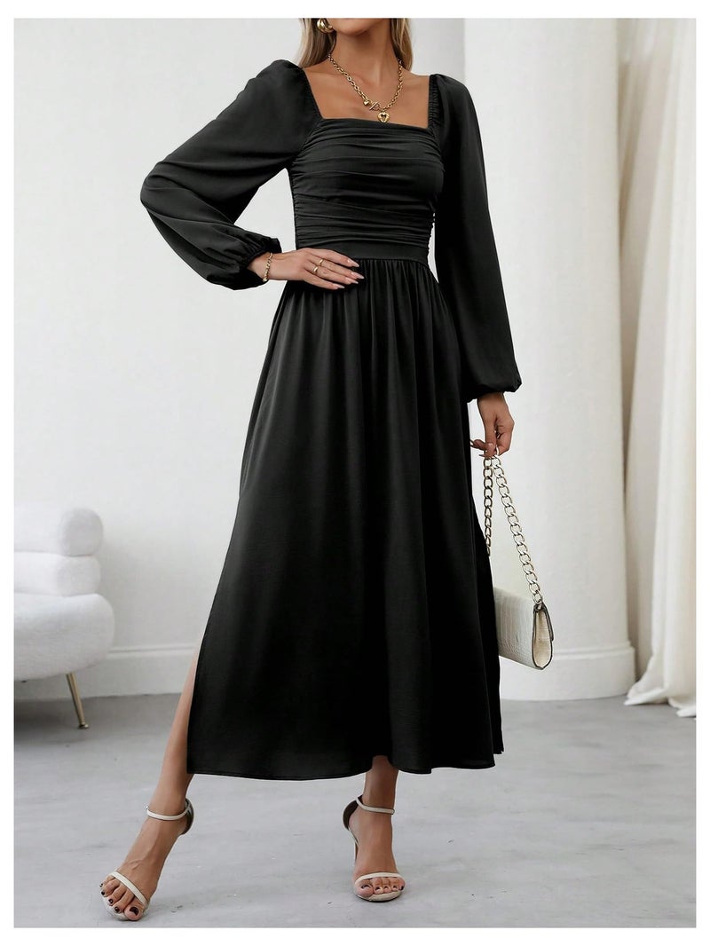 Floerns Women's Square Neck Lantern Long Sleeve Dress Split Ruched Party Midi Dresses Black Medium - Image 3
