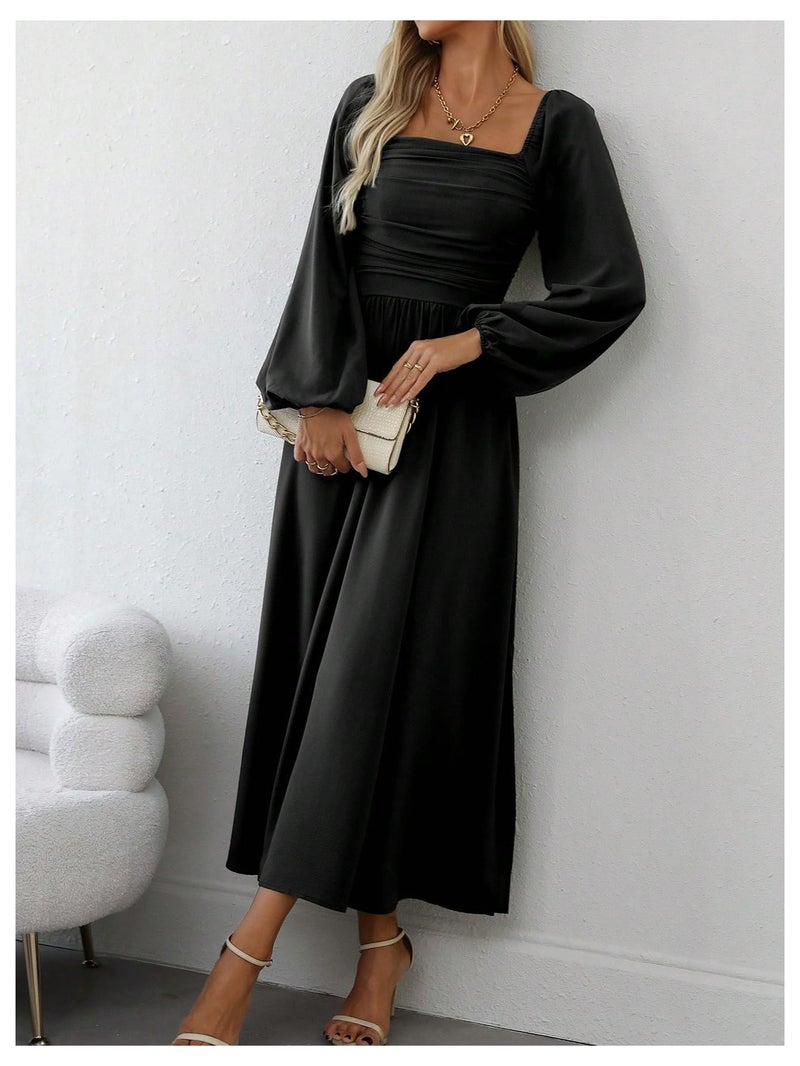 Floerns Women's Square Neck Lantern Long Sleeve Dress Split Ruched Party Midi Dresses Black Medium - Image 4