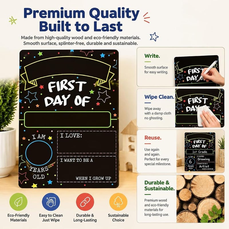 LCHYI First Day Last Day of School Chalkboard Double Sided Sign, 12" x 7.9" Reusable Back to School Board for Kids Photos, Teacher Gift Classroom Supplies - Image 1