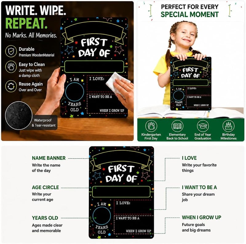 LCHYI First Day Last Day of School Chalkboard Double Sided Sign, 12" x 7.9" Reusable Back to School Board for Kids Photos, Teacher Gift Classroom Supplies - Image 3