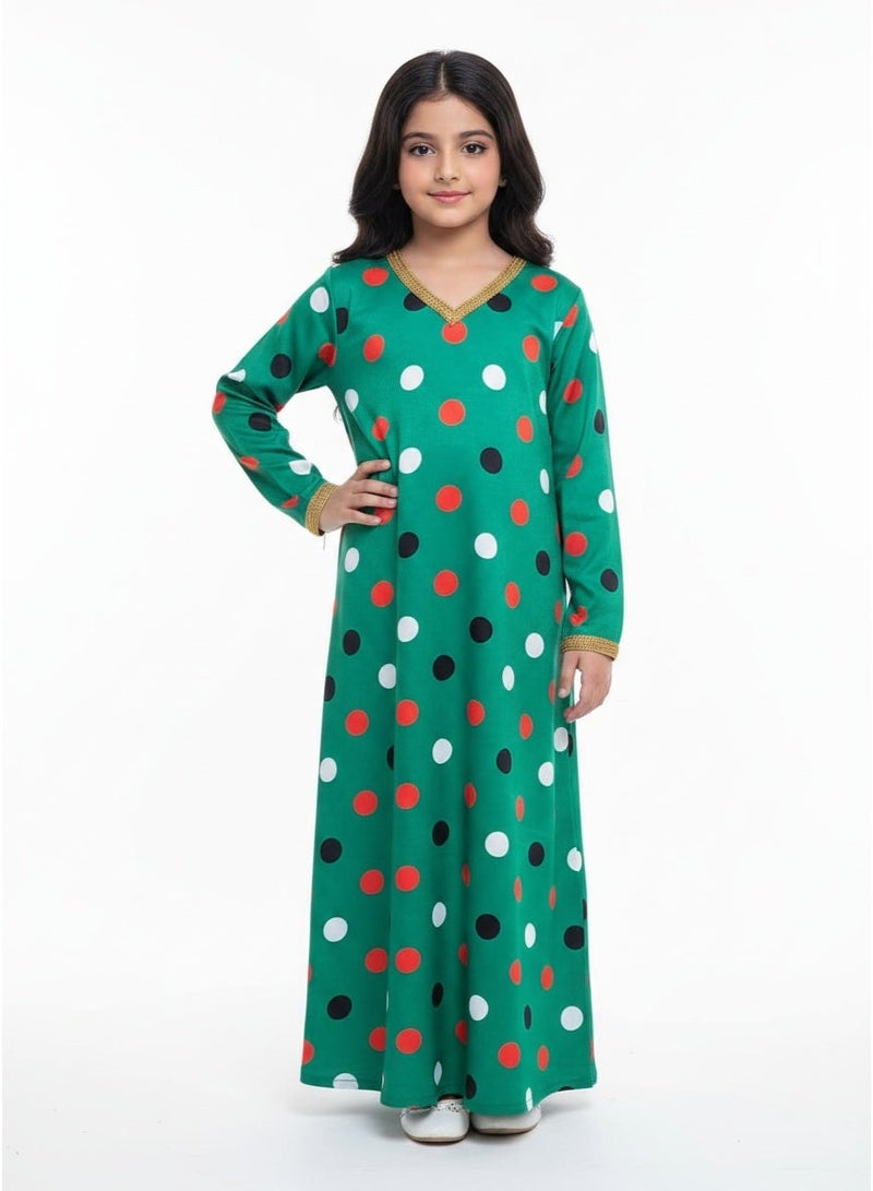 Girls UAE Flag Colors Polka Dot Mukhawar Dress | Emirati National Pride Abaya Kaftan | Exclusive Handmade Dot Print | Premium Soft Jacquard Fabric | Full Length 90cm | Gold V-Neck Trim | Limited Edition National Day Collection | Comes in Gift Bag | Ages 5–8 Years | 110–122 cm Height - Image 1