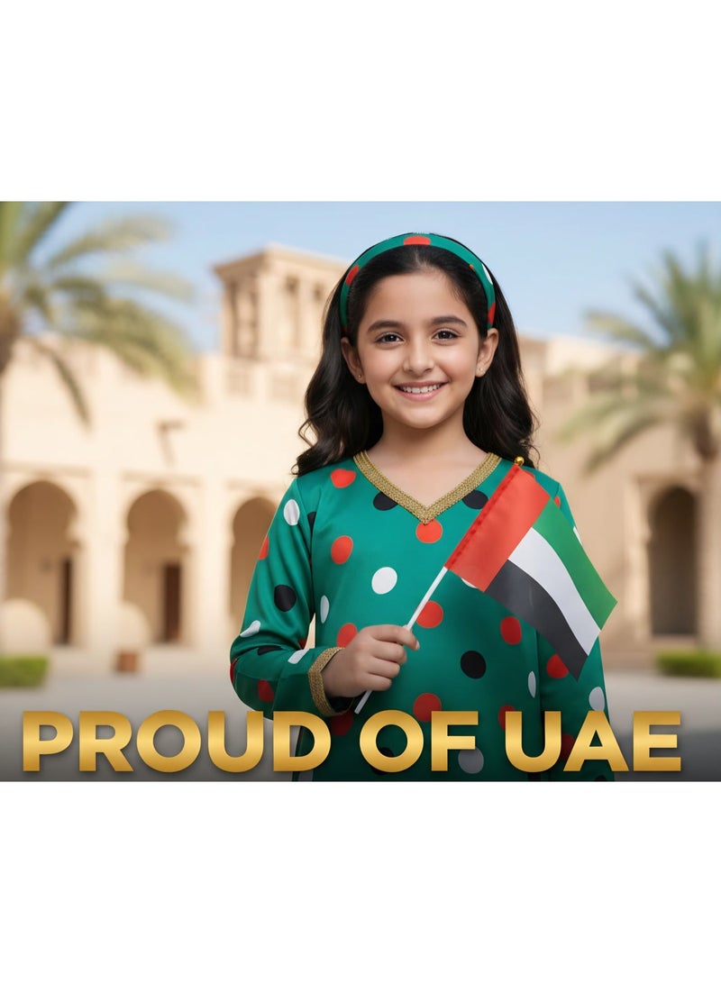 Girls UAE Flag Colors Polka Dot Mukhawar Dress | Emirati National Pride Abaya Kaftan | Exclusive Handmade Dot Print | Premium Soft Jacquard Fabric | Full Length 90cm | Gold V-Neck Trim | Limited Edition National Day Collection | Comes in Gift Bag | Ages 5–8 Years | 110–122 cm Height - Image 2