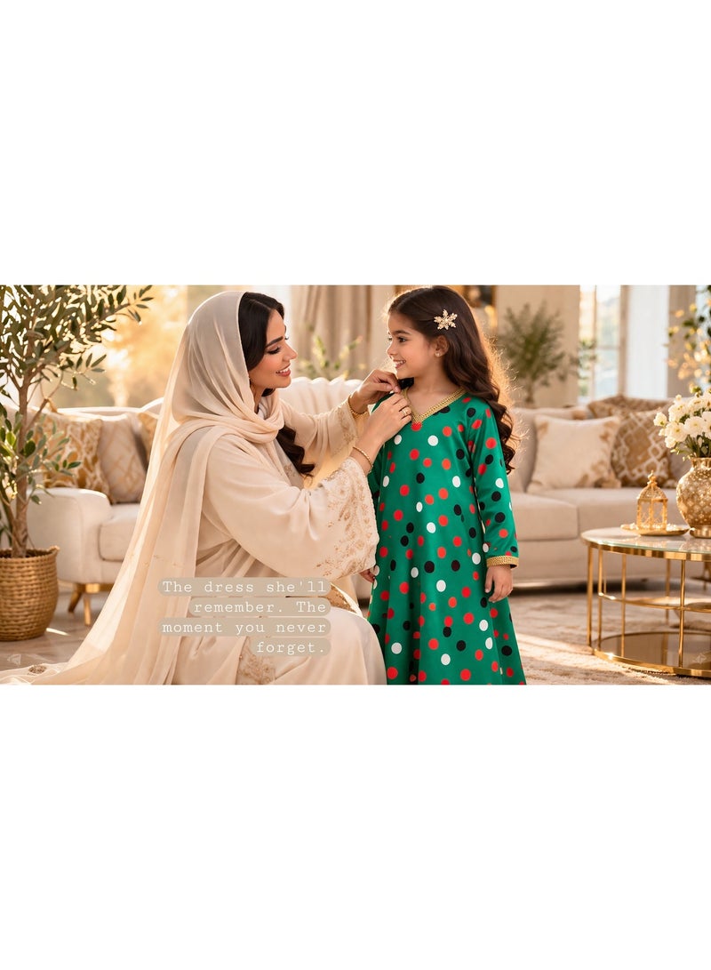 Girls UAE Flag Colors Polka Dot Mukhawar Dress | Emirati National Pride Abaya Kaftan | Exclusive Handmade Dot Print | Premium Soft Jacquard Fabric | Full Length 90cm | Gold V-Neck Trim | Limited Edition National Day Collection | Comes in Gift Bag | Ages 5–8 Years | 110–122 cm Height - Image 4