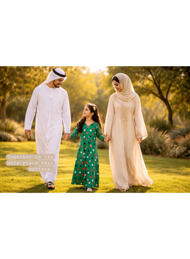 Girls UAE Flag Colors Polka Dot Mukhawar Dress | Emirati National Pride Abaya Kaftan | Exclusive Handmade Dot Print | Premium Soft Jacquard Fabric | Full Length 90cm | Gold V-Neck Trim | Limited Edition National Day Collection | Comes in Gift Bag | Ages 5–8 Years | 110–122 cm Height - Image 5