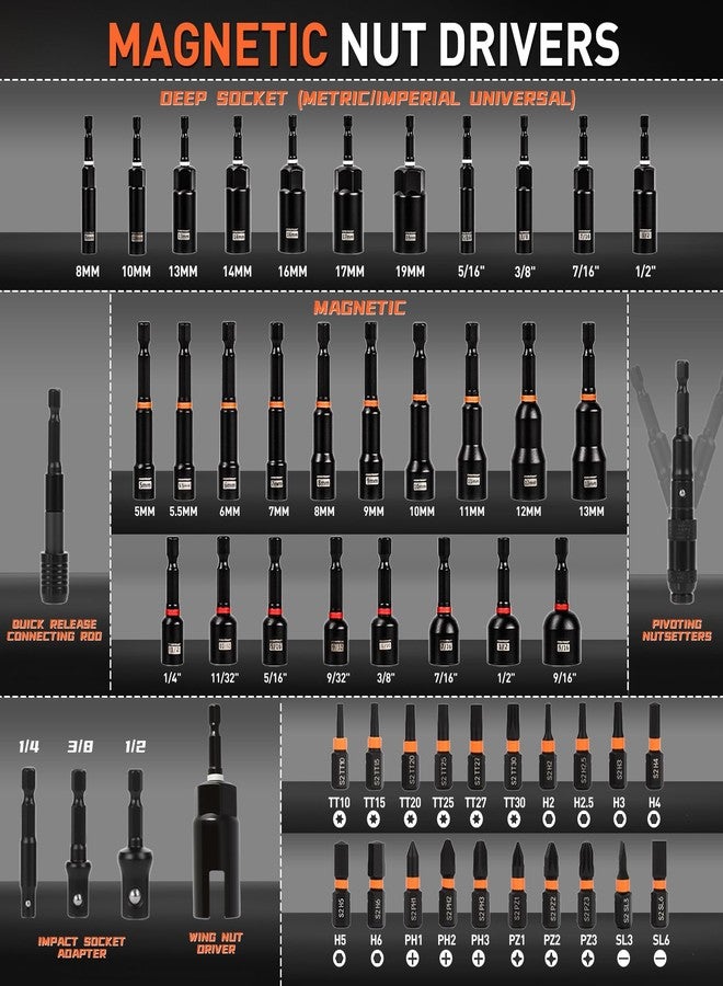 COMOWARE Magnetic Impact Nut Driver Set, 55Pcs Deep Nut Driver Set, Metric/SAE Sockets, Bit Extension, 1/4'' Quick Change, Cr-V Steel for Automotive & Industrial Use - Image 2
