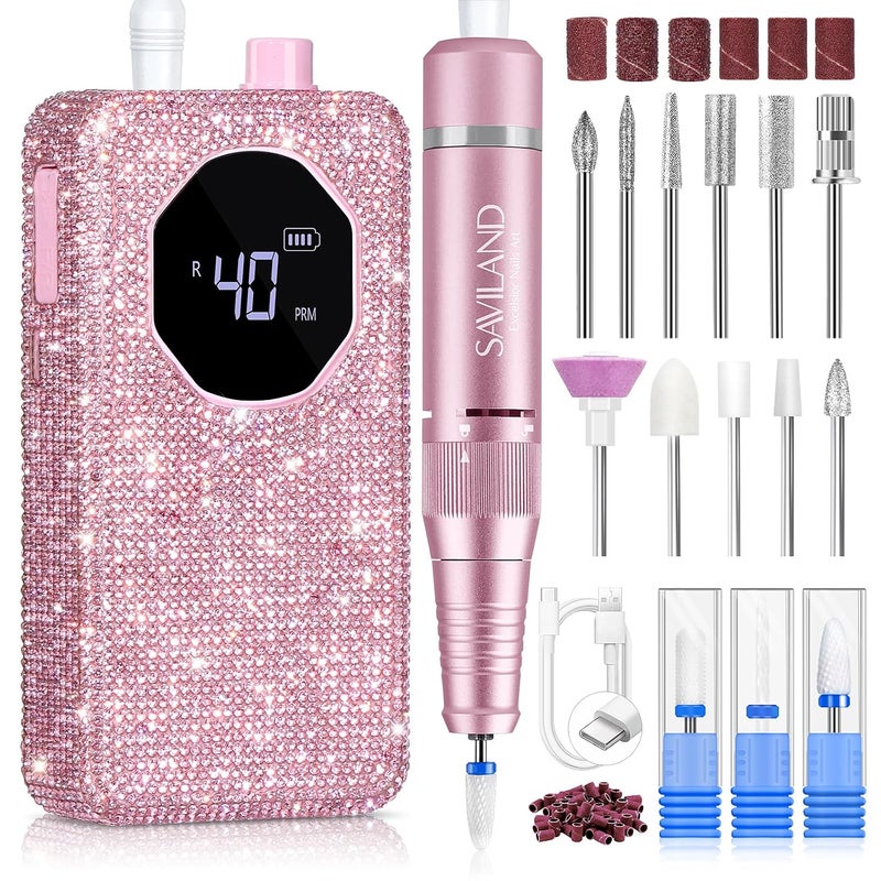 SAVILAND Professional Nail Drill 40000 RPM: Portable Diamond Nail Drill Kit Rechargeable 4000 mAh Electric Nail File for Thick Acrylic Nails with Ceramic Nail Drill Bits Sanding Bands Nail Tech Salon