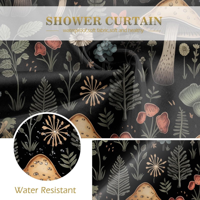 Aimego Mushroom Boho Shower Curtains - Vintage Floral Plants Retro Flowers Bohemian Fairy Nature Botanical Bath Shower Curtain Set with 12 Hooks for Adults Bathroom Decor Accessories  72""x72"" Black - Image 3