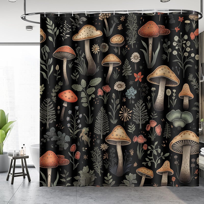 Aimego Mushroom Boho Shower Curtains - Vintage Floral Plants Retro Flowers Bohemian Fairy Nature Botanical Bath Shower Curtain Set with 12 Hooks for Adults Bathroom Decor Accessories  72""x72"" Black - Image 1