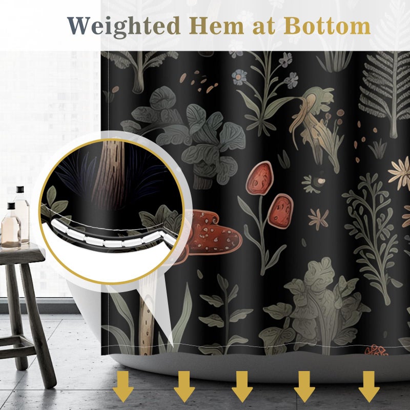 Aimego Mushroom Boho Shower Curtains - Vintage Floral Plants Retro Flowers Bohemian Fairy Nature Botanical Bath Shower Curtain Set with 12 Hooks for Adults Bathroom Decor Accessories  72""x72"" Black - Image 4