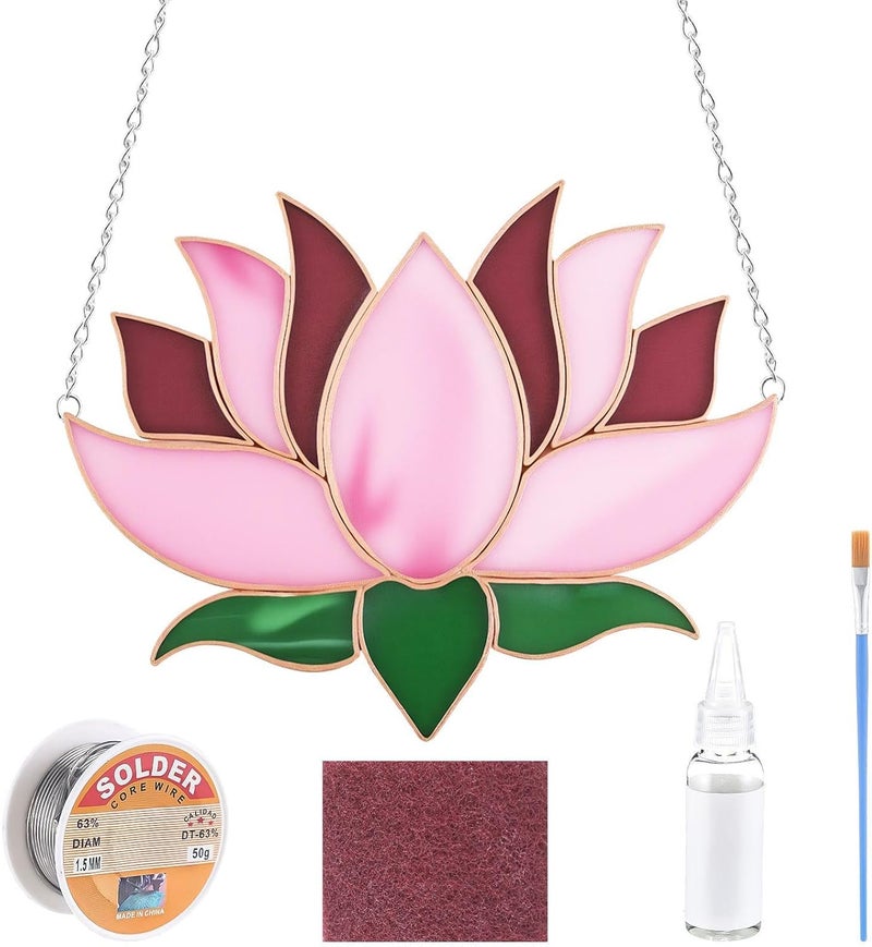 LemonRoad Unfinished Pre Cut Stained Glass for Adult Made Easy Stained Glass Craft with Solder Wire, Flux Brush for Home Birthday Party Decor(1 Set,Lotus Flower) - Image 1