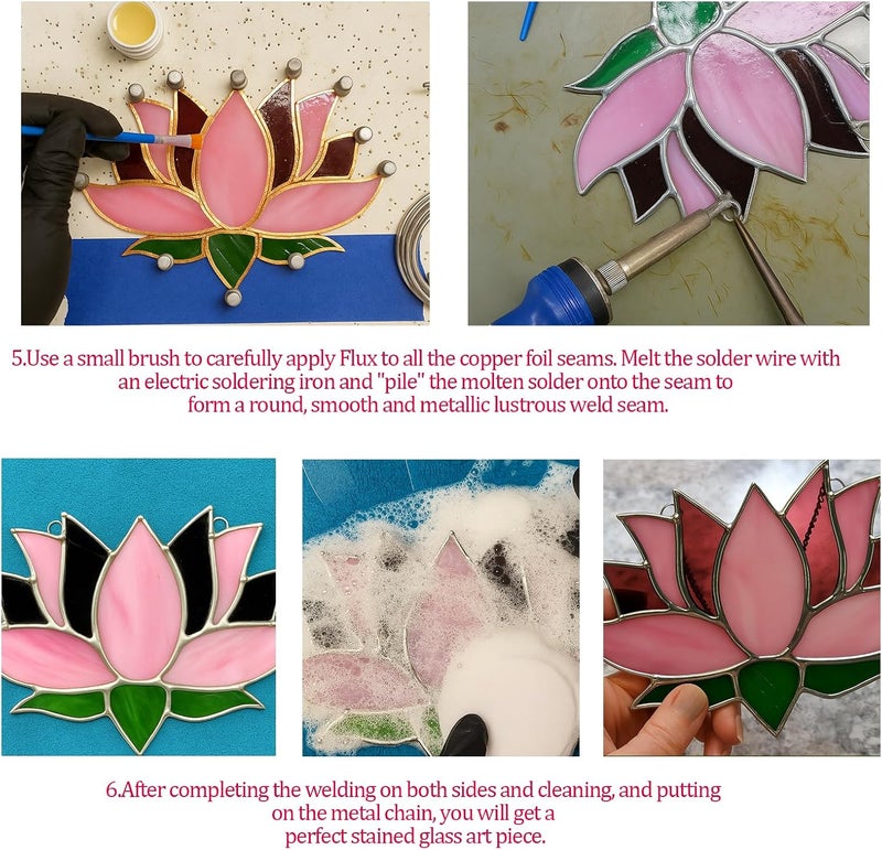 LemonRoad Unfinished Pre Cut Stained Glass for Adult Made Easy Stained Glass Craft with Solder Wire, Flux Brush for Home Birthday Party Decor(1 Set,Lotus Flower) - Image 4