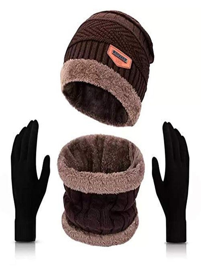 NAITH Winter Woolen Cap, Neck Warmer Scarf with Gloves Set| Beanie Style| 3 Piece Set| Warm Winter Neck Scarf, Gloves and caps Suitable for Men and Women|Stylish (Brown, Wool) - Image 1