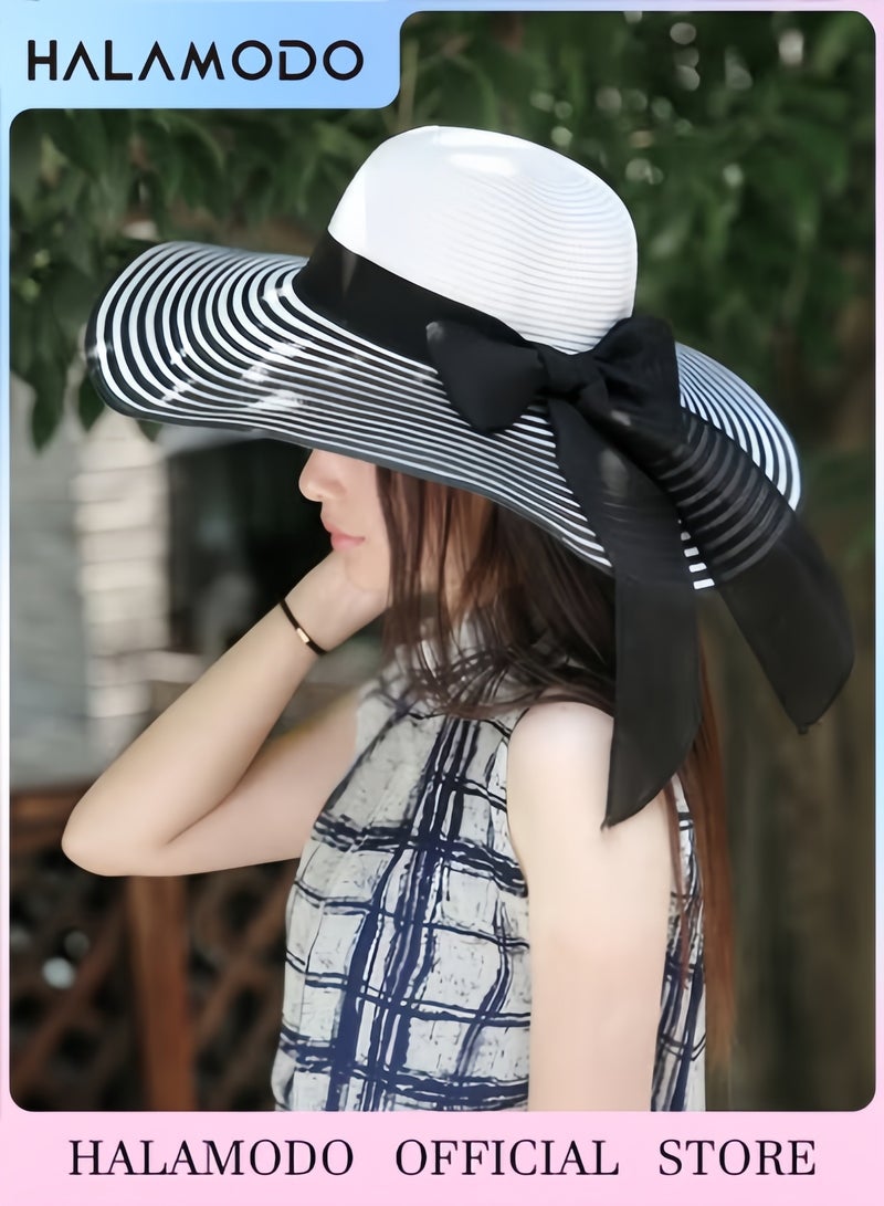 هالامودو قبعة واسعة الحواف أنيقة نسائية قبعة شمسية للحماية من الأشعة فوق البنفسجية قبعة أنيقة باللونين الأسود والأبيض مع رباط أنيق قبعة مريحة في الهواء الطلق مثالية للشاطئ والحديقة والسفر - Image 1